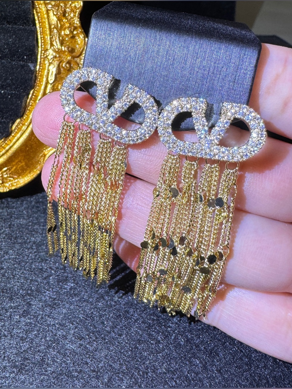S925 Posts Sparkling Bow Gold Chain Tassel Statement Earrings